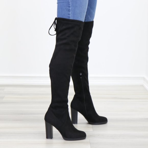Tie Back Over Knee Heeled Sleek Boots Suede Black - Picture 9 of 15